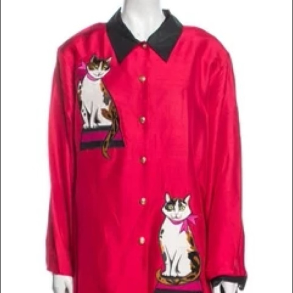 Vintage Bob Mackie silk pattern cat shirt jacket matching tank plus size 2X red - Picture 5 of 10